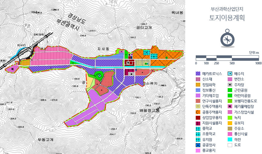 토지이용계획도 및 부산ㆍ진해 경제자유구역 범례(부산과학산업단지도면 : 메카트로닉스,신소재,정밀화학,정보통신,기타제조업,연구시설용지,단독주택용지,공동주택용지,상업업무용지,지원시설용지,중학교,초등학교,유치원,공공청사,종교용지,배수지,변전소,주차장,근린공원,어린이공원,보행자전용도로,폐기물매립장,가스정압시설,녹지,하천,유보지,주유소,통신시설,도로 등으로 사용)