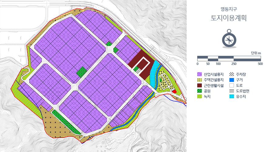 토지이용계획도 및 부산ㆍ진해 경제자유구역 범례(명동지구도면 : 산업시설용지,단독주택용지,상업용지,공원,녹지,유수지,배수지,주차장,보행자도로,주유소,하천,도로 등으로 사용)