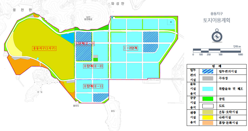 토지이용계획도 및 부산ㆍ진해 경제자유구역 범례(웅동지구 토지이용계획 도면 범례 : 업무편의시설, 주차장, 복합물류 및 제조, 공원, 도로, 운동·오락시설, 숙박시설, 휴양·문화시설)