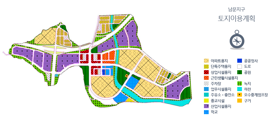 토지이용계획도 및 부산ㆍ진해 경제자유구역 범례(남문지구도면 : 아파트용지,단독주택용지,상업시설용지,근린생활시설용지,주차장,업무시설용지,주요소·충전소,종교시설,산업시설용지,학교,공공청사,도로,공원,녹지,하천,오수중계펌프장,구거 등으로 사용)