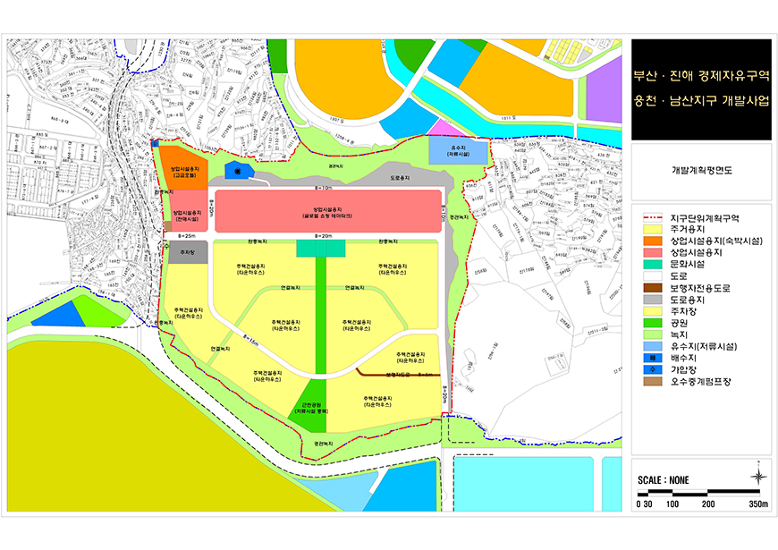 토지이용계획도 및 부산ㆍ진해 경제자유구역 범례(웅천·남산지구도면 : 지구단위계획구역,주거용지,상업시설용지(숙박시설),상업시설용지,문화시설,도로,보행자전용도로,도로용지,주차장,공원,노기,유수지(저류시설),배수지,가압장,오수중계펌프장 등으로 사용)