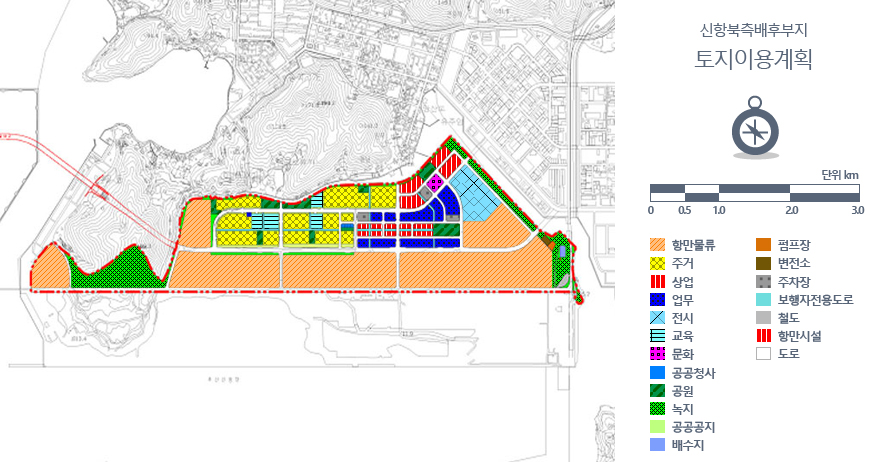 토지이용계획도 및 부산ㆍ진해 경제자유구역 범례(신항북측배후지도면 : 항만물류,주거,상업,업무,전시,교육,문화,공공청사,공원,녹지,공공공지,배수지,펌프장,변전소,주차장,보행자전용도로,철도,항만시설,도로 등으로 사용)
