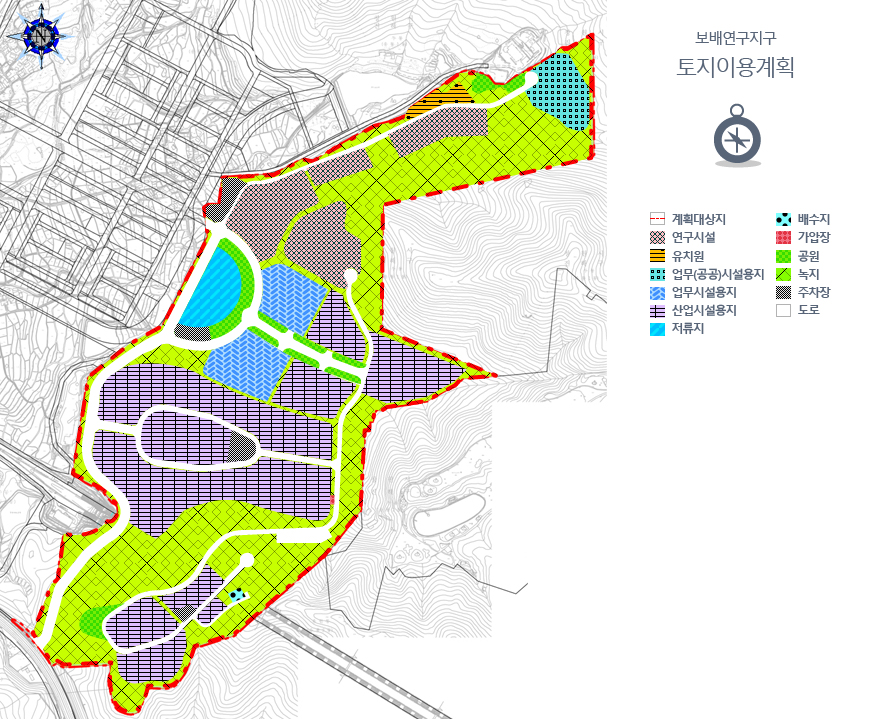 토지이용계획도 및 부산ㆍ진해 경제자유구역 범례(보배연구지구도면 : R&D용지,공원,주차장,광장,녹지,도로)