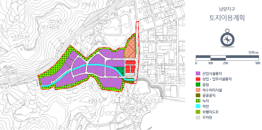 토지이용계획도 및 부산ㆍ진해 경제자유구역 범례(남양지구도면 : 산업시설용지,상업ㆍ업무시설용지,공원,하수처리시설,공공공지,녹지,하천,보행자도로,주자창 등으로 사용)