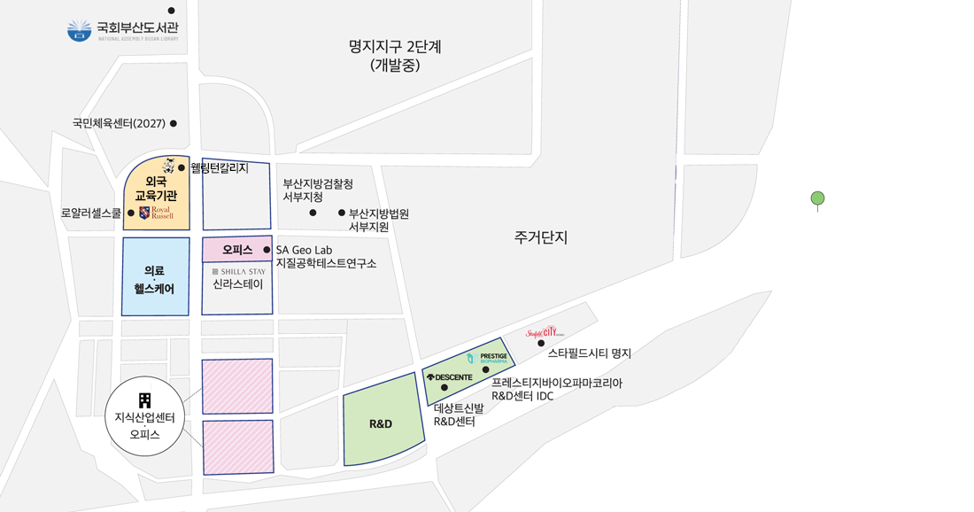 명지국제신도시 지도 사진(왼쪽 위부터 국회부산도서관, 국민체육센터(2027),외국교육기관,로얄러셀스쿨,웰링턴칼리지,의료헬스케어,지식산업센터오피스,오피스,신라스테이,오피스,SA Geo Lab 지질공학테스트연구소,부산지방경찰청 서부지청,부산지방법원 서부지원, 명지지구 2단계(개발중), 주거단지, r&d,데상트 신발 r&d센터,프레스티지바이오피아코리아 r&d센터 idc,스타필드시티 영지